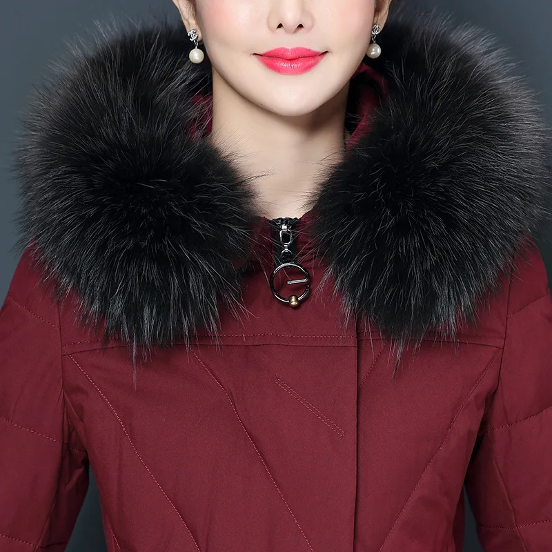 Женский пуховик длинное пальто с воротником из лисьего меха парка на утином пуху