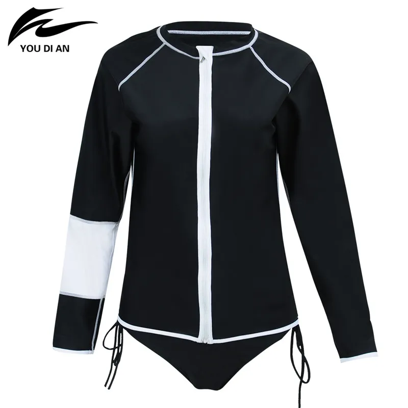 2017 New Zipper Female Long Sleeved Round Collar Swimsuits Black Blue Match Color Two-Piece Set Swimwear Beach Wear For Women | Спорт и