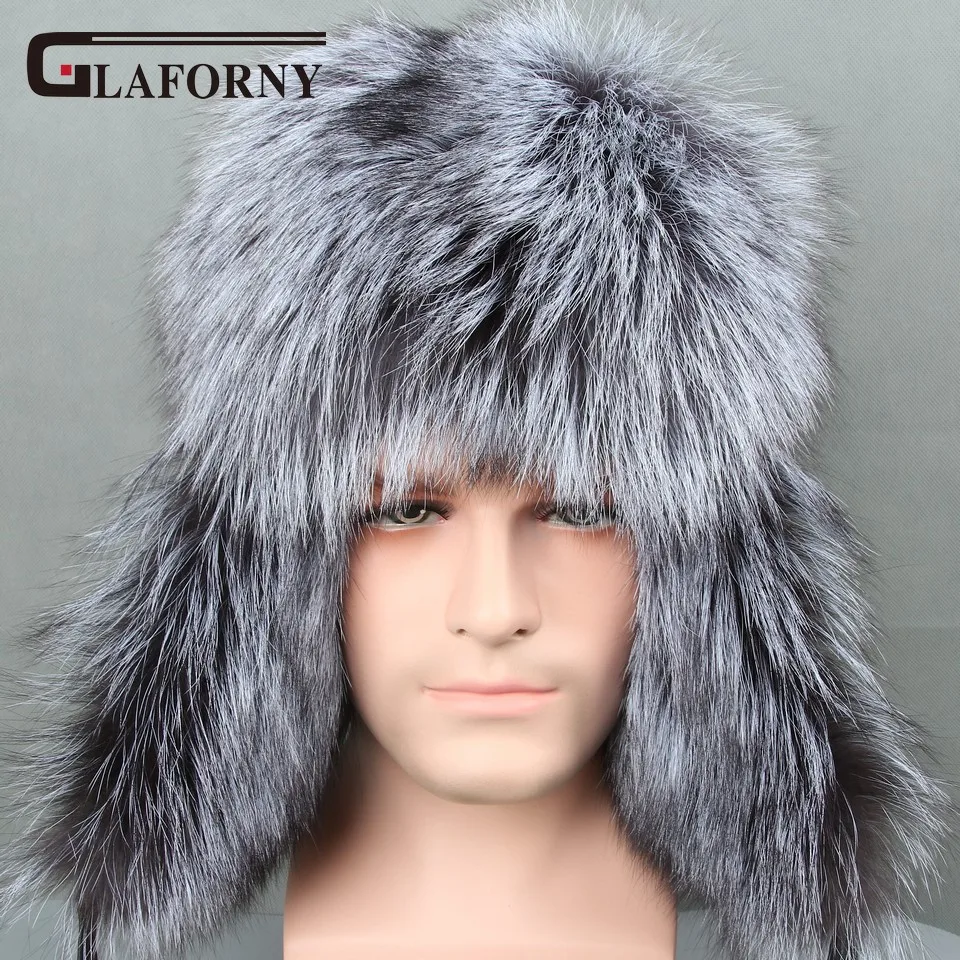 Шапки Glaforny из натурального меха серебристой лисы, мужские шапки из натурального меха енота Lei Feng, шапка для русских мужчин, шапки-бомберы с кожаным верхом