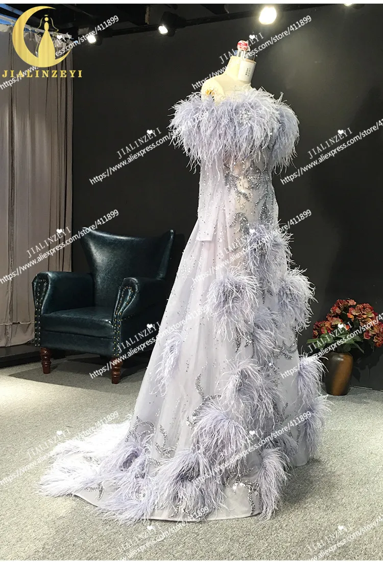 JIALINZEYI Реальный образец изображения Zuhiar Murad Фиолетовый Длинные рукава с плеча Бисер с перьями от платья вечерние платья