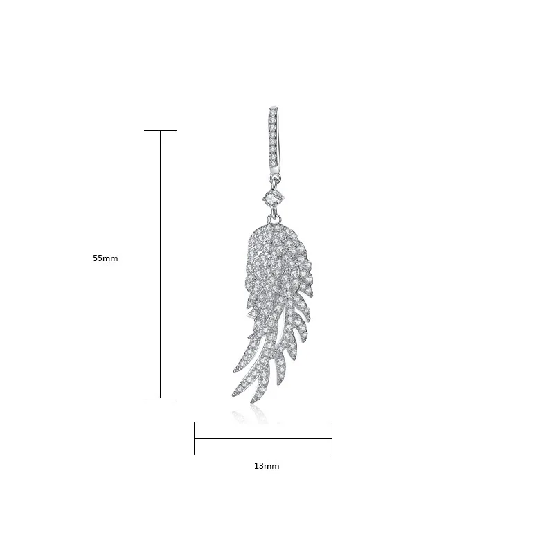 2019 Elegant Evening Dinner Party Jewelry Full Cubic Zirconia Silver Long Feather Dangle Earrings For Women Wedding | Украшения и