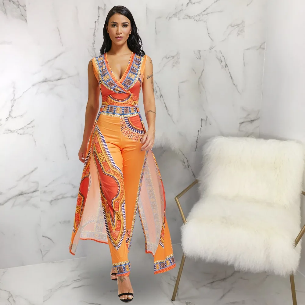 Women Fashion African Print Bodycon Pants Deep V-Neck Party Jumpsuits | Женская одежда