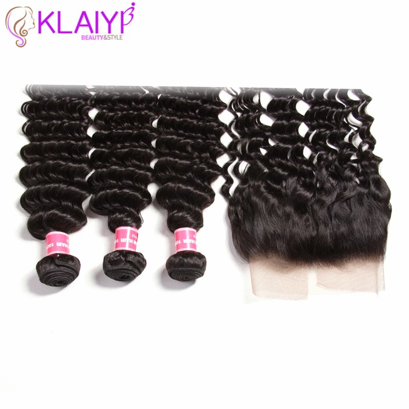 Klaiyi Hair Frontals Brazilian Hair Deep Wave Bundles With Frontal 13X4 Human Hair Lace Frontal With 4 Bundles Remy Hair Weave