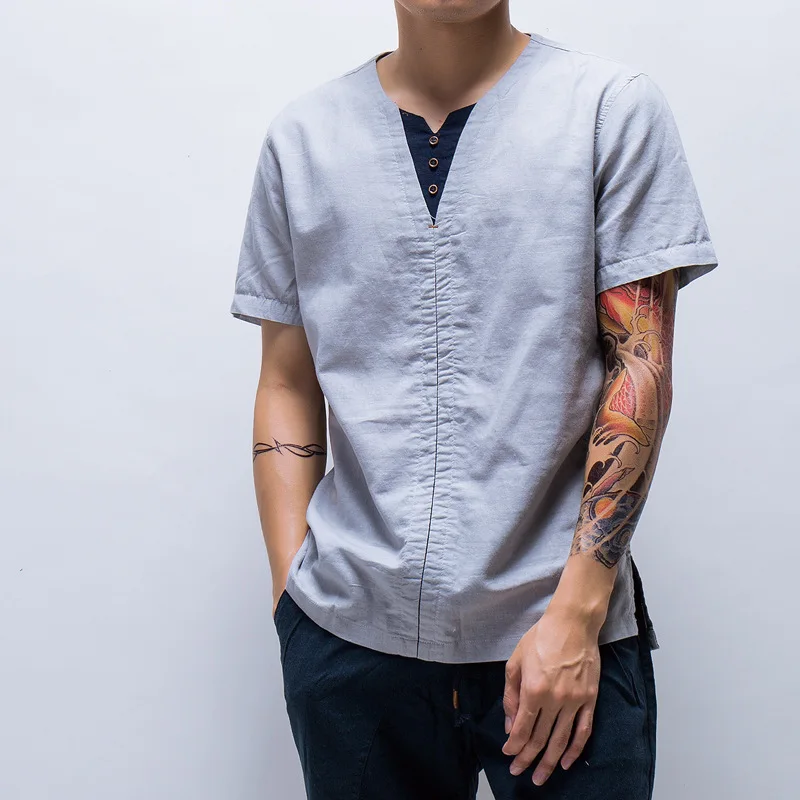 Брендовая льняная футболка для мужчин новинка 2018 модные однотонные футболки с V