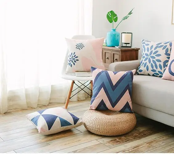 

Pink blue geometric cushion cover cotton linen throw pillowcase simple modern lumbar pillow cover for backrest bed pillow case