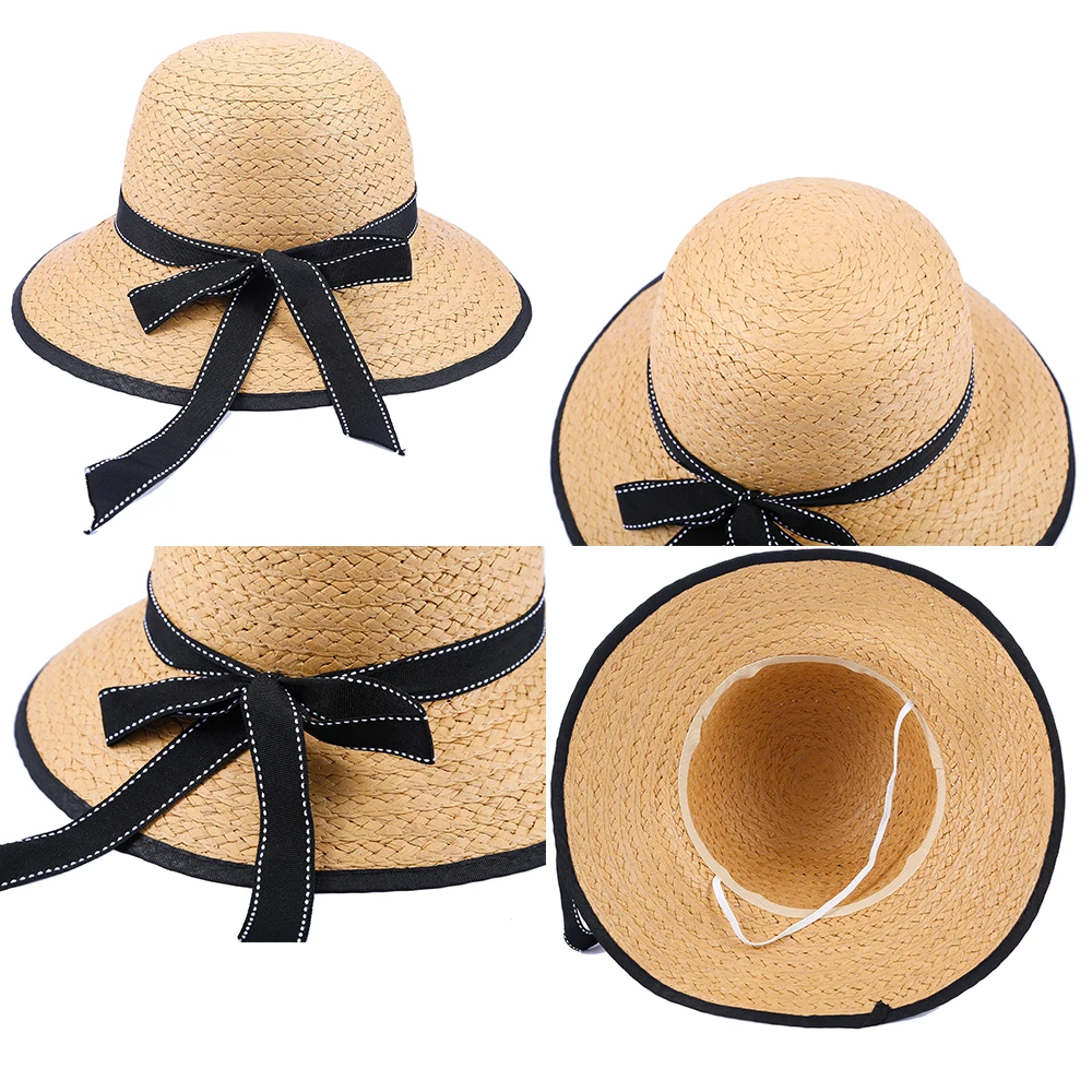 Женская пляжная соломенная шляпа FS с широкими полями и бантом желтого белого