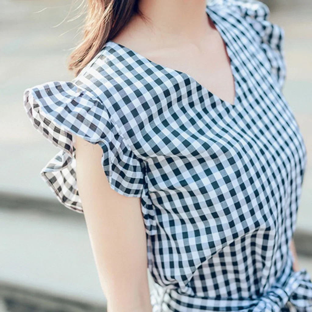 Модное женское летнее клетчатое плиссированное платье с бантом и v образным