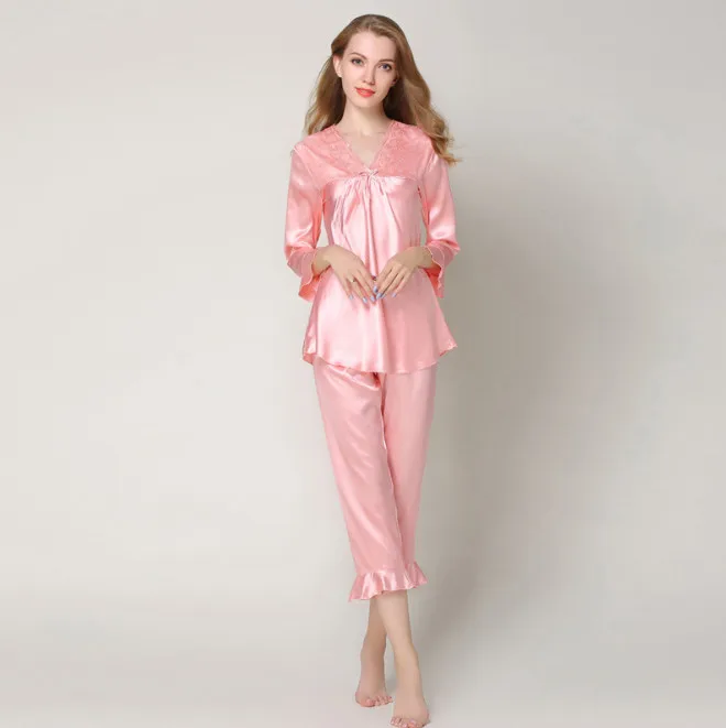 Женские Классические Атласный пижамный комплект ночное белье Loungewear шелковые