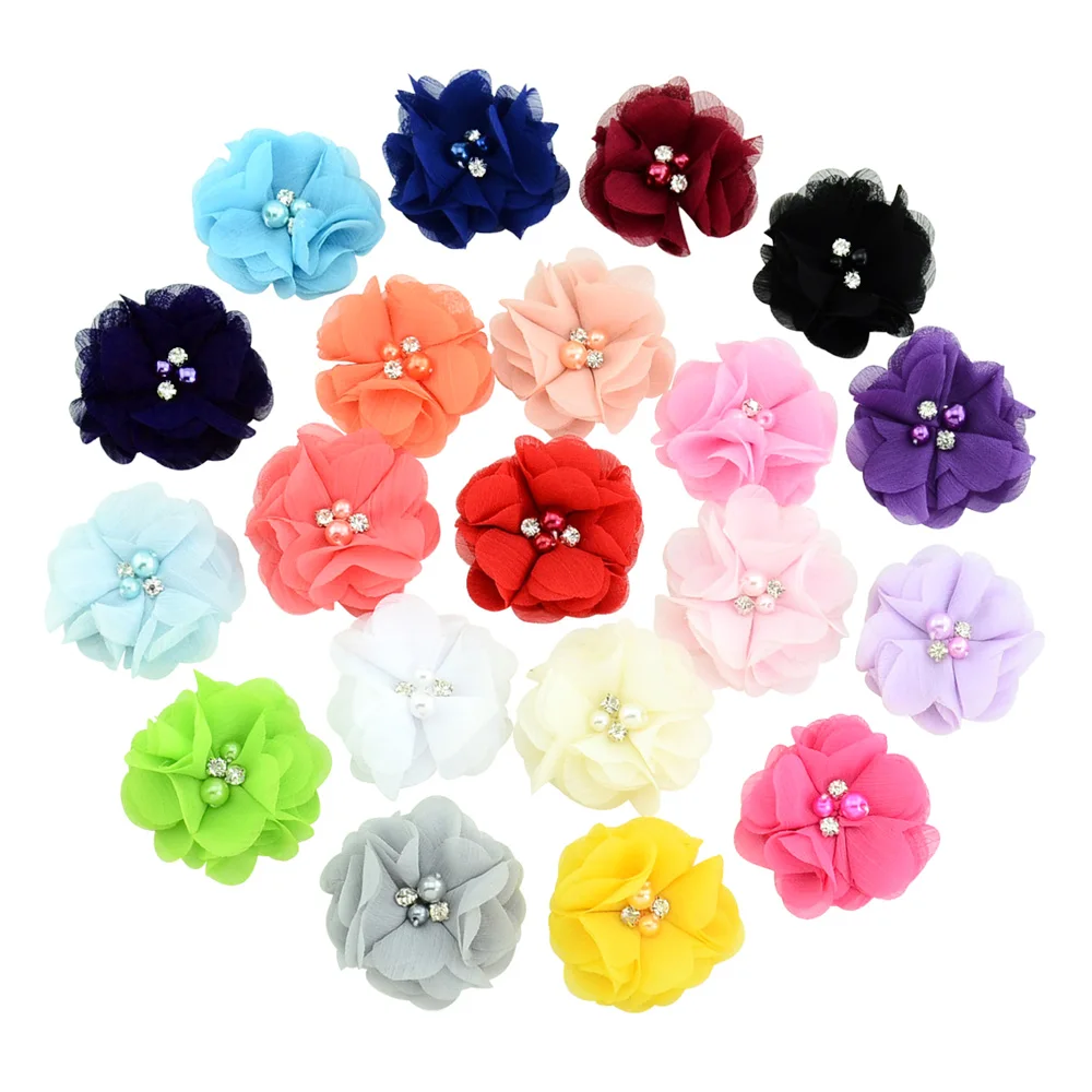 

20pcs/lot 20 Color 2.16'' cute chiffon without clips flowers with Rhinestone Pearl headbands hair accessories 733