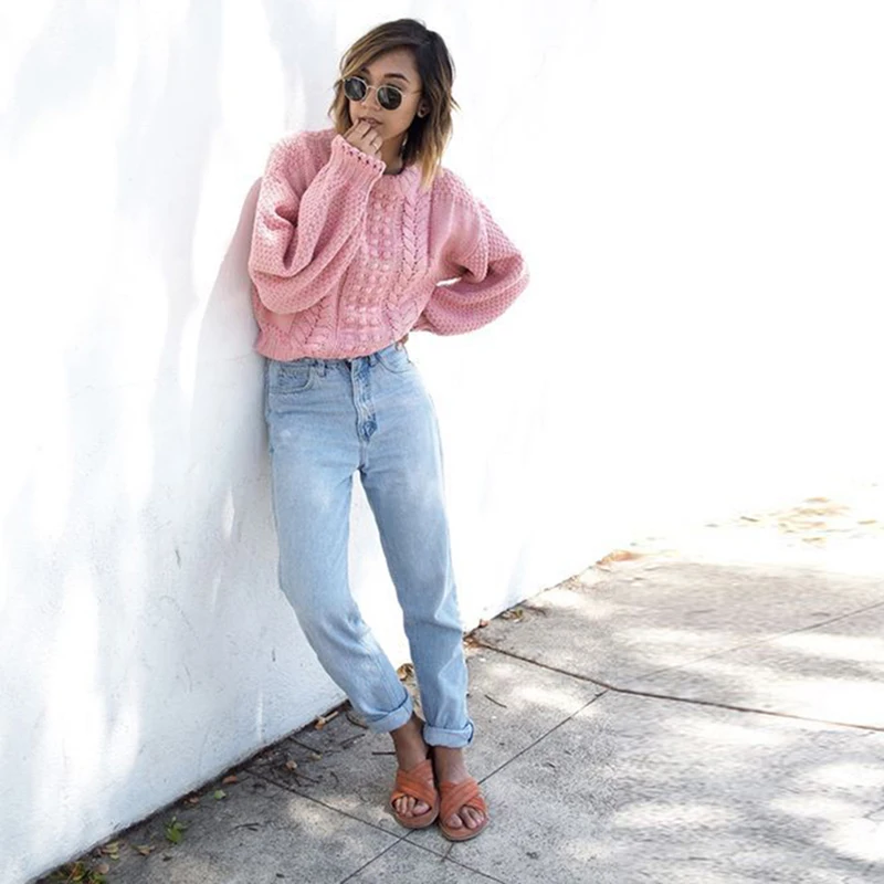 Осень-зима однотонный розовый вязаный свитер женщин Повседневное пуловеры