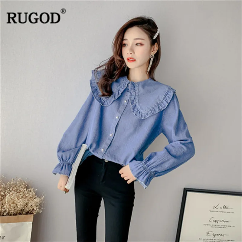 RUGOD Casual Office Lady Blue Blouses Peter pan collar Flare Sleve slim Women Shirts tops Plus size shirt Famele | Женская одежда