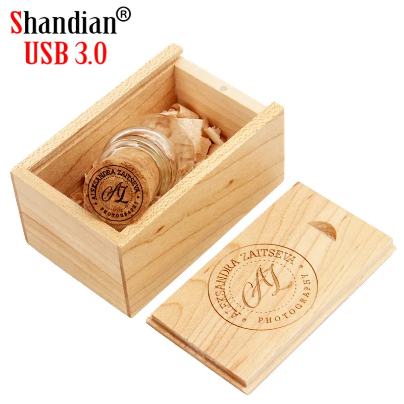 SHANDIAN USB 3,0,, стеклянная бутылка+ деревянная коробка, внешний накопитель, 4 ГБ, 8 ГБ, 16 ГБ, 32 ГБ, 64 ГБ(более 10 шт., бесплатный логотип