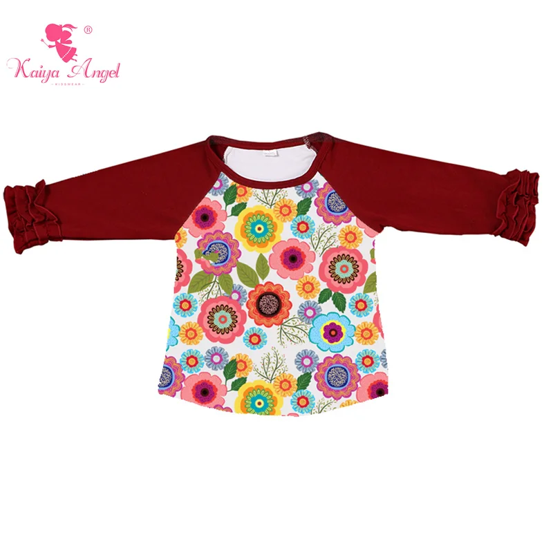 Пасхальные рубашки реглан с рюшами и подсолнухами бордовая Одежда для девочек