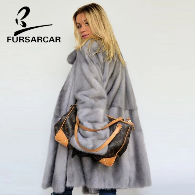 FURSARCAR, новинка, настоящая шуба из натуральной норки, женские, натуральная норковая шуба с меховым воротником, зимняя женская серая куртка