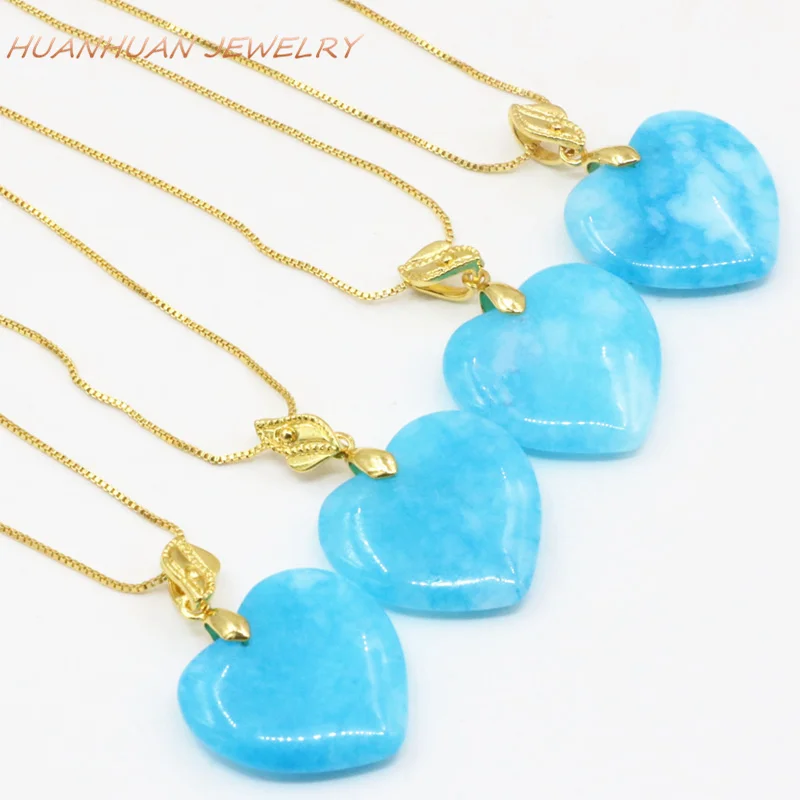 New Trendy Natural Blue Jades Chalcedony Stone Pendant Chain Necklace For Women Heart Shape 25mm Pendants Charms Jewelry B3350 | Украшения