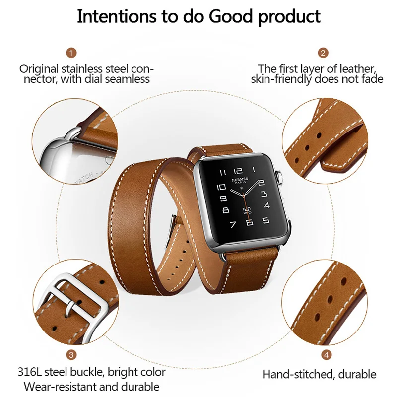Ремешок из натуральной кожи для apple watch 44 мм 42 40 38 сменный двойной туристический