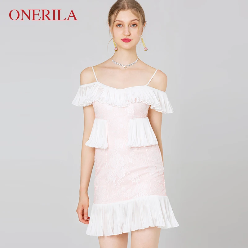 ONERILA Cold Shoulder V шеи Спагетти ремень розовый кружевном платье Тонкий Для женщин