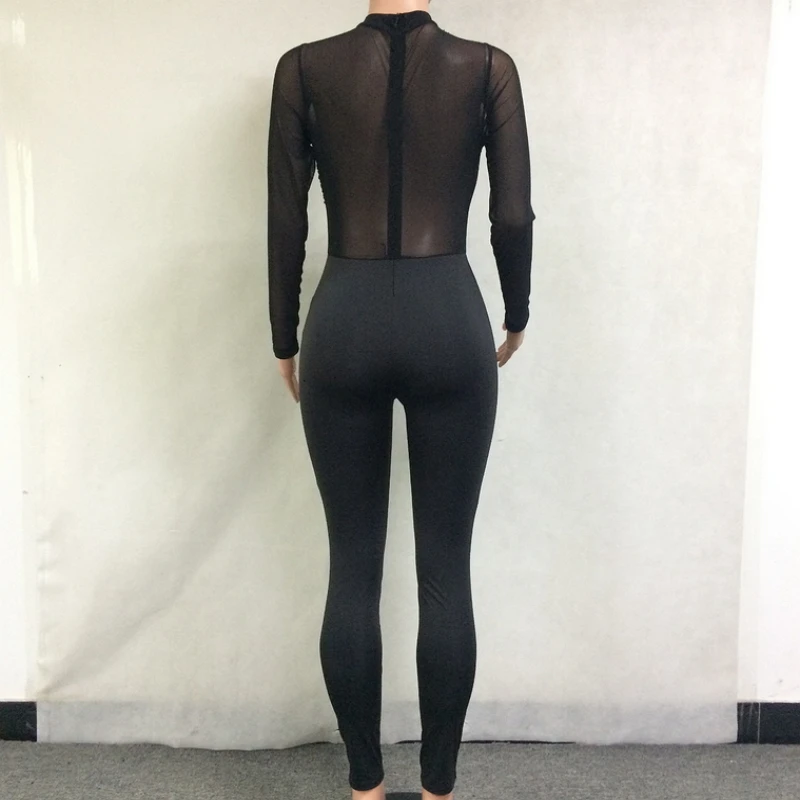 Черные Сетчатые бинты комбинезон для женщин молния сзади перспектива облегающее