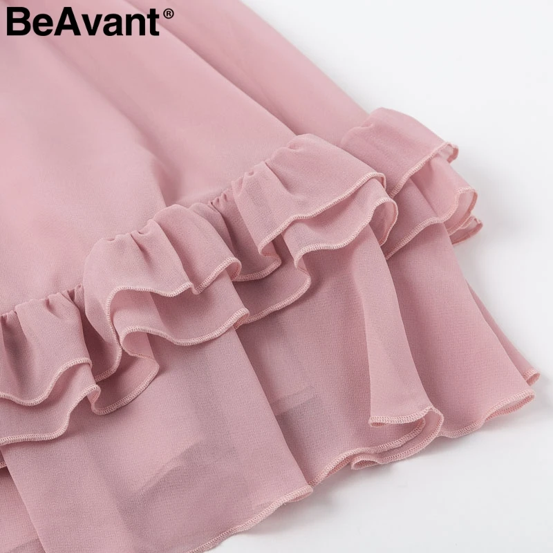 BeAvant шифоновые летние платья с открытыми плечами, женское Плиссированное короткое платье с рюшами, розовое элегантное праздничное свободное пляжное мини-платье
