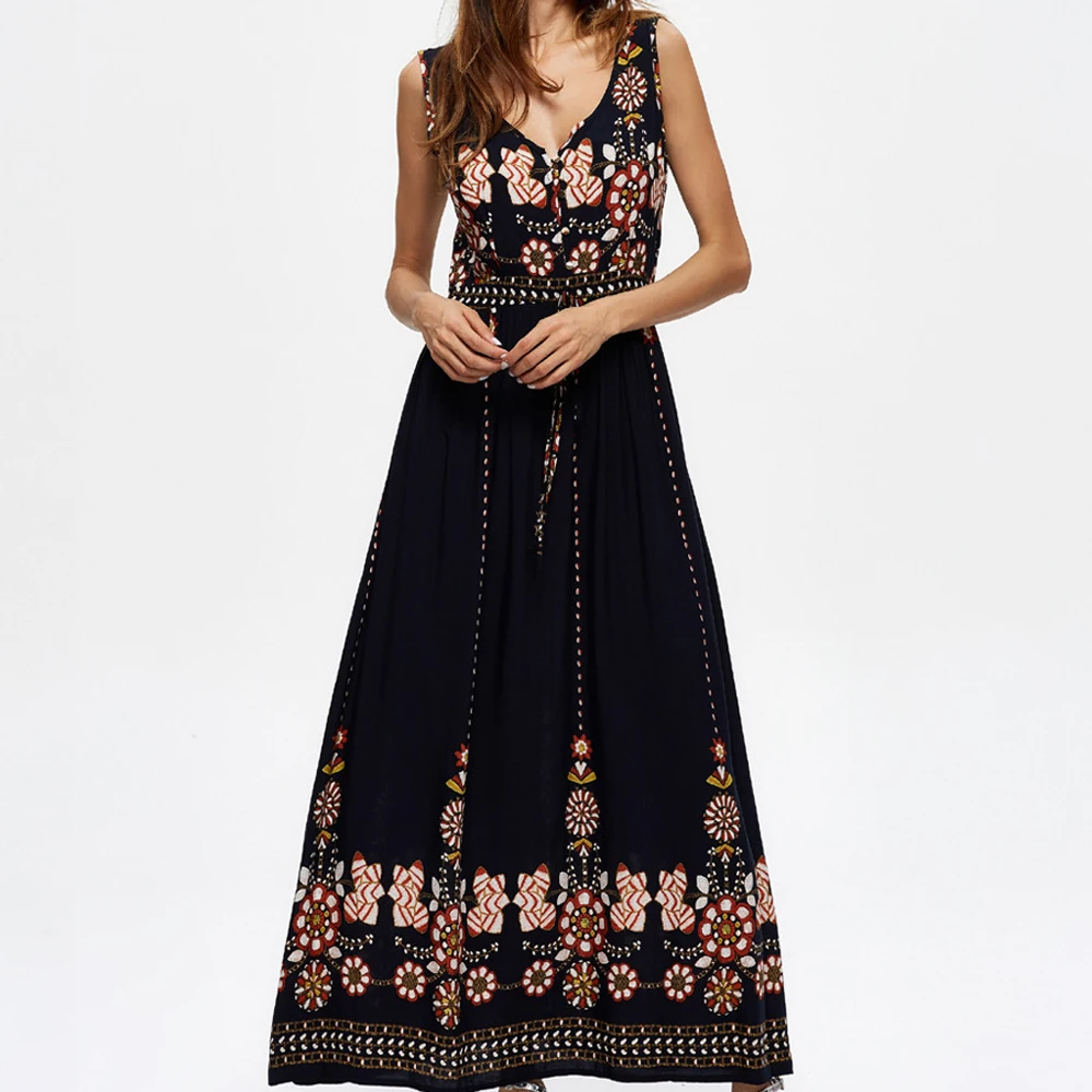 Женское винтажное платье макси без рукавов облегающее с V образным вырезом