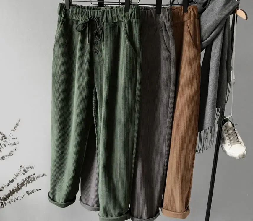

Women corduroy pants big size winter spring 2019 retro thick elastic waist casual loose harem corduroy women trousers L247