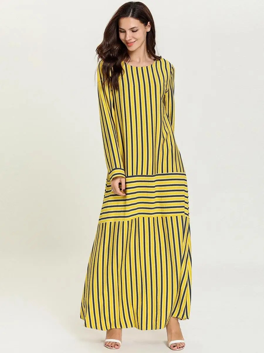 Полосатое лоскутное мусульманское платье Абая для женщин с длинными рукавами