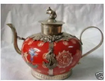 

Silver teapot red porcelain Tibet shipping Healing Medicine statue copper tools wedding Decoration Brass BRASS