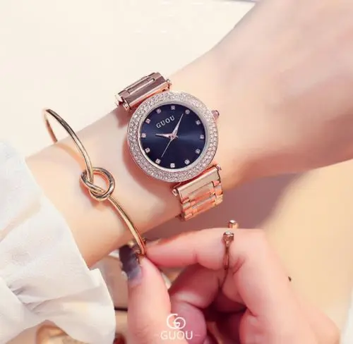 GUOU модные женские часы для женщин с блестящими бриллиантами Reloj Mujer роскошный браслет из розового золота женские часы - Цвет: Черный