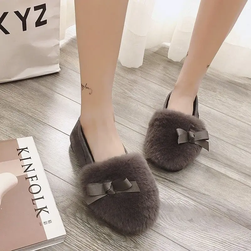 Меховые балетки на плоской подошве с бантом широкие лоферы женская обувь без