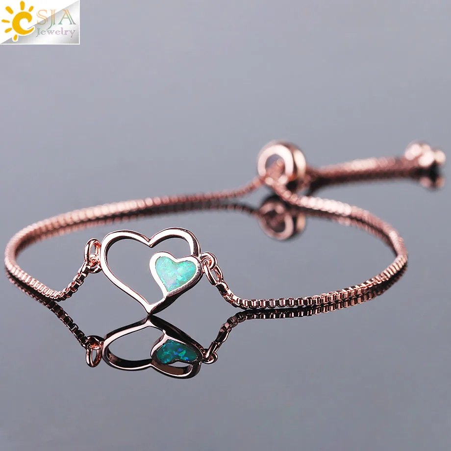 Женский браслет CSJA с двойным сердечком огненным опалом ювелирные изделия для