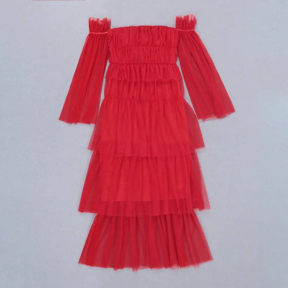 

Top Quality Long Sexy Slash Neck Dress Elegnat Celebrity Gauzy Lady Summer Red Evening Party Dresses