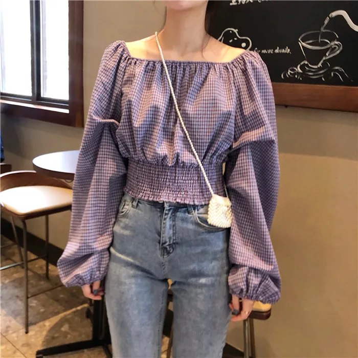 Женские рубашки в клетку Весенняя новая Корейская облегающая короткая блузка
