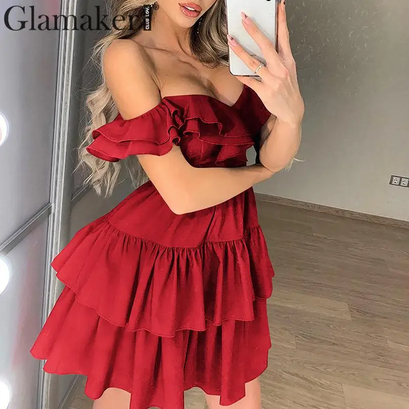 Glamaker мини-платье с открытыми плечами и оборками, летнее праздничное пляжное красное короткое платье, женская уличная одежда, элегантное Клубное сексуальное платье, Новинка