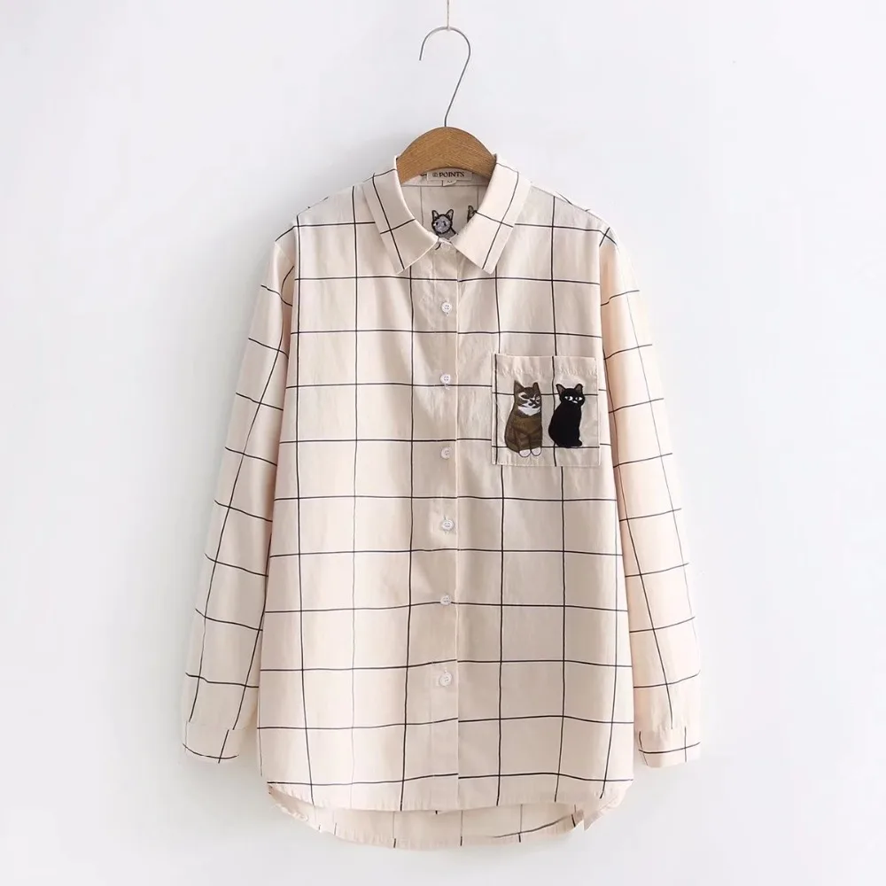 plaid Cute pocket cat embroidery long sleeve shirt blouse mori girl 2018 spring |
