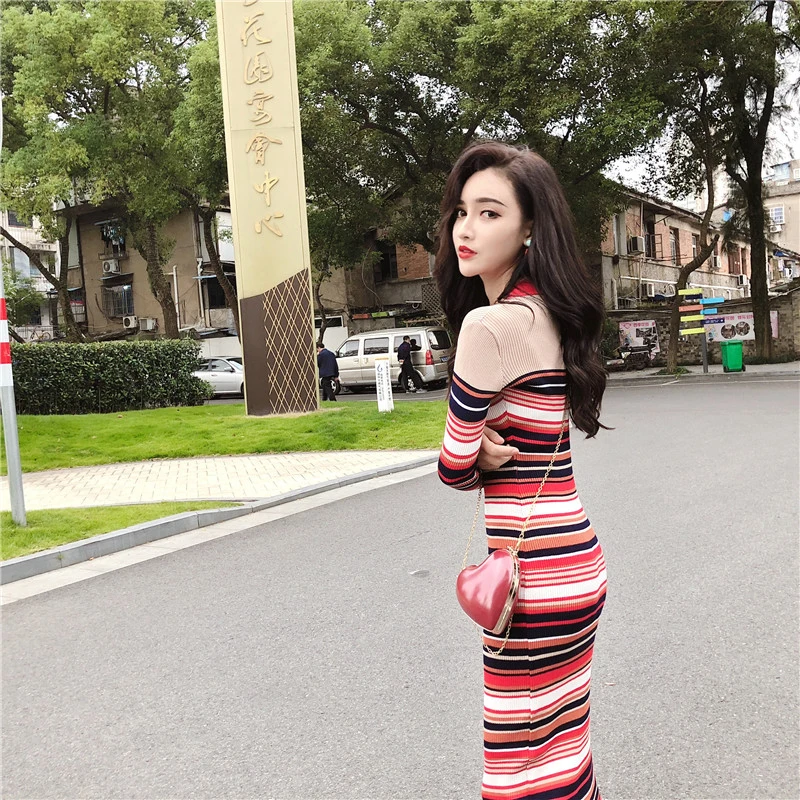 Полоса трикотажные Платья-свитеры Для женщин осень 2018 Новая мода карандаш платье