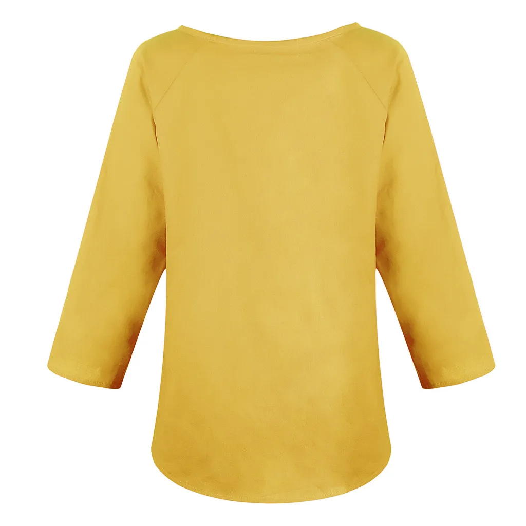 Летняя модная однотонная блузка из хлопка и льна Женская свободная футболка с