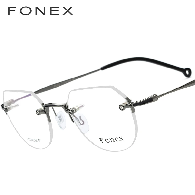 FONEX из чистого титана без оправы очки для мужчин по рецепту сверхлегкие полигоновые очки оправа для женщин Близорукость Оптические очки 9142 - Цвет оправы: Серый