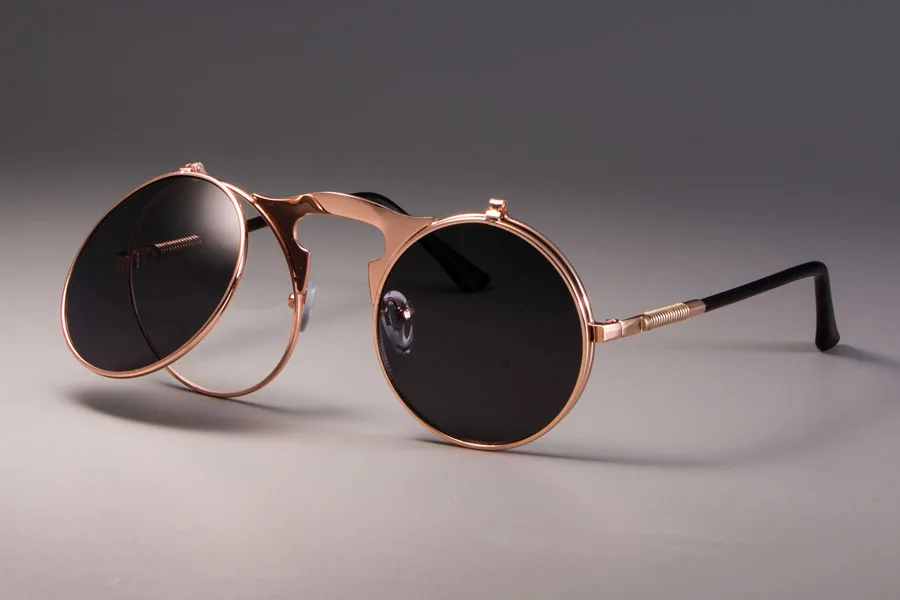 RoseGold Black Стимпанк Ретро Круглый флип солнцезащитные очки для мужчин и женщин металлические две пары линз Круглые Солнцезащитные очки Брендовые модные очки Оттенки UV400 - Цвет линз: RoseGold Black