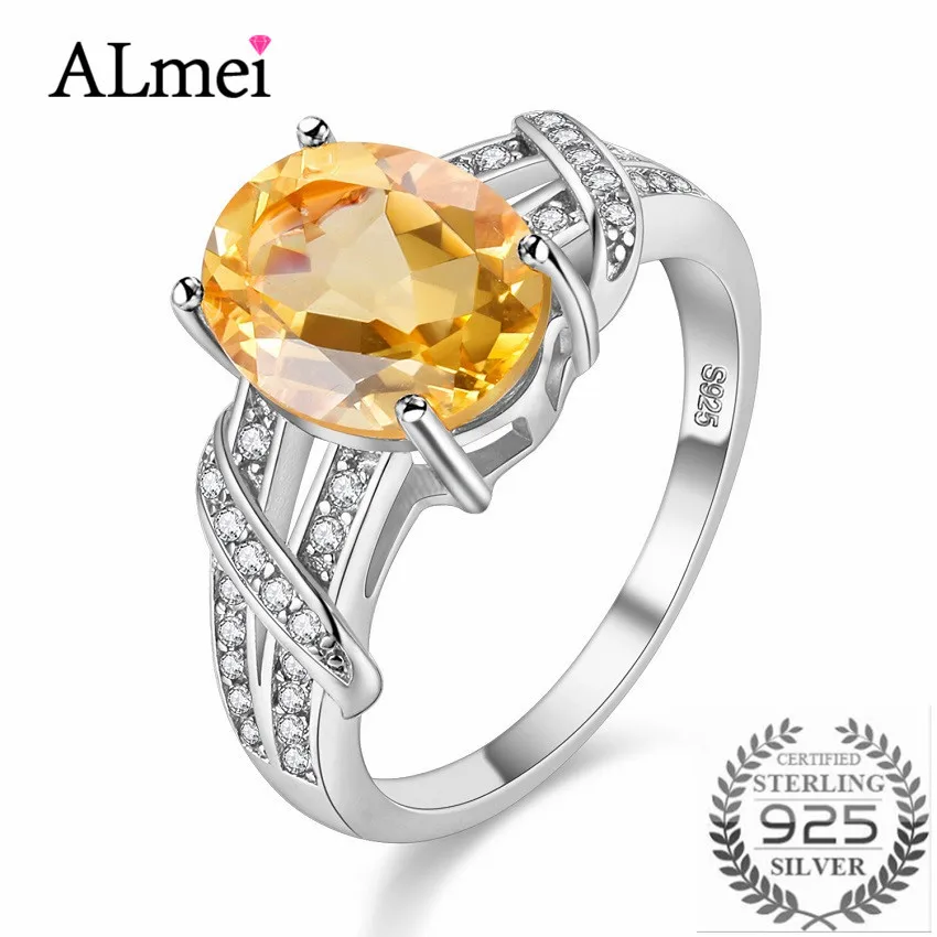 Almei 2.2CT желтый цитрин 925 Стерлинговое серебро обручальные кольца Изысканные