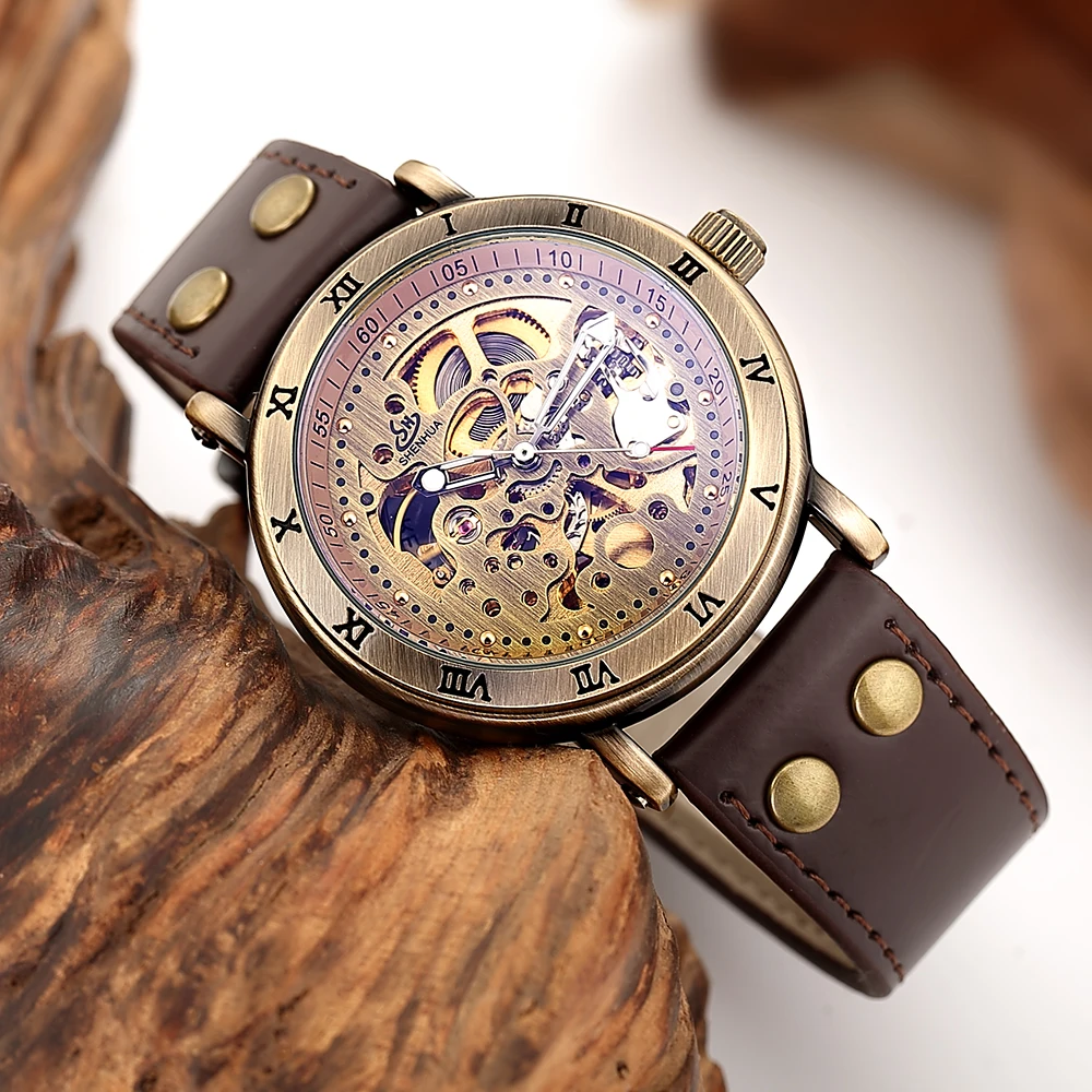 SHENHUA автоматические часы Античная бронза Скелет механические Montre Homme в ретро