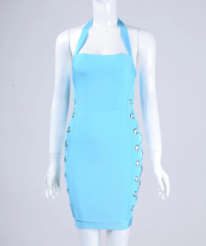 Новые женские Для летних вечеринок Комплект синего цвета повод полый вырез