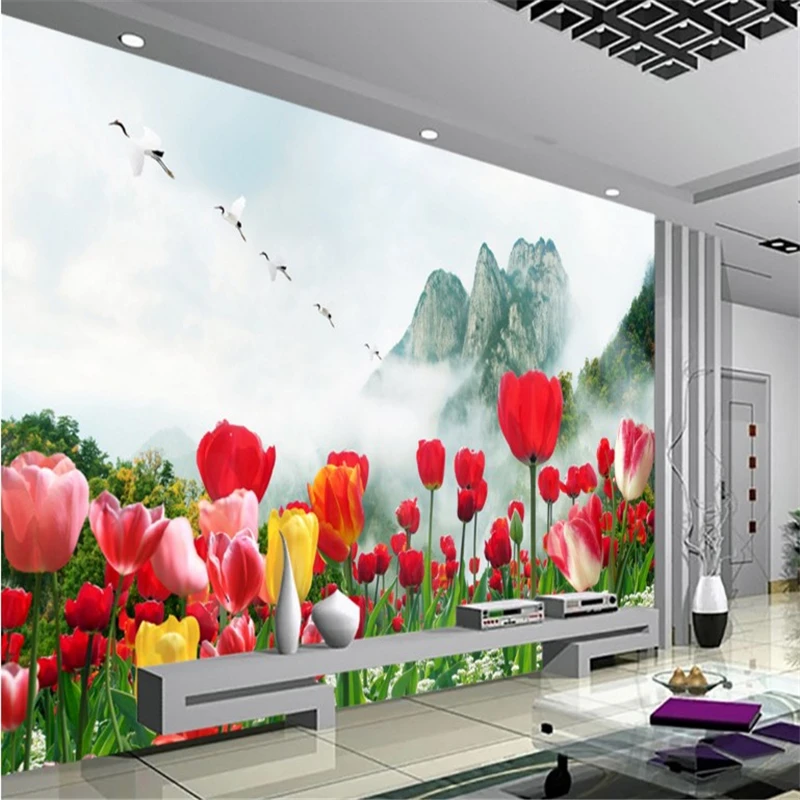 

beibehang Large custom wallpapers tulips flowers fresh fresh living room TV backdrop papel de parede para quarto em 3d relevo