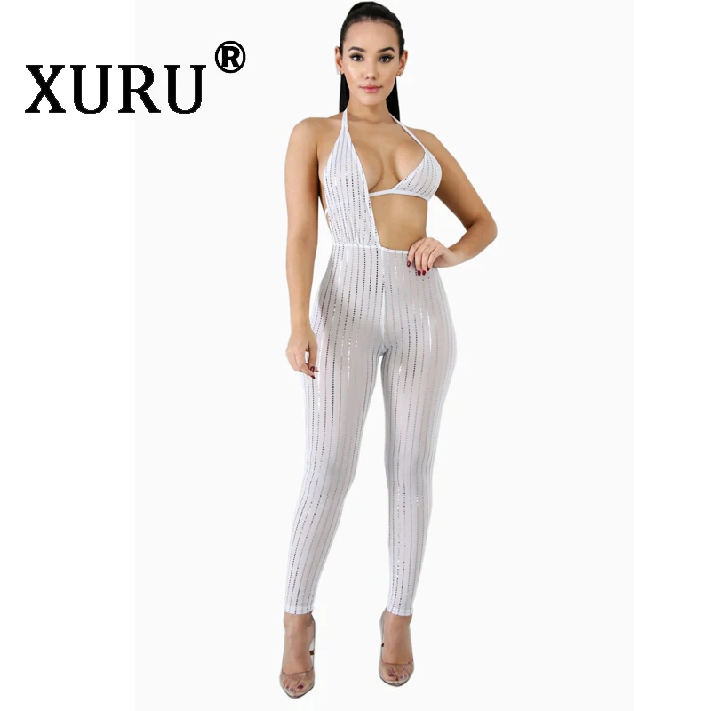 XURU Летний Новый женский сексуальный комбинезон с блестками Облегающий сеткой на