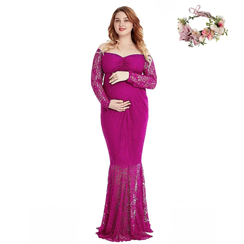 Dress 4 and Garland VOGUEON Для женщин с открытыми плечами длинное платье для беременных для фотографии кружевное вечернее платье леди Baby Shower беременных Костюмы для фото - Цвет: Dress 4 and Garland