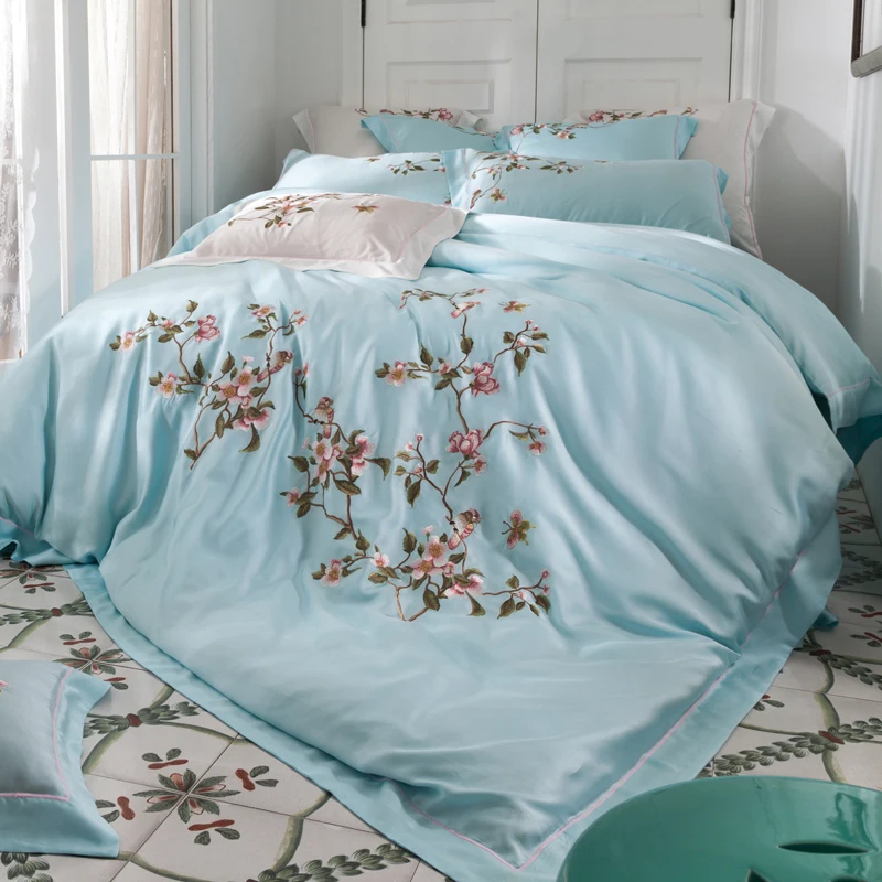 

flower Embroidery blue Royal Bedding set King Queen Egyptian Cotton Bed set Duvet cover bed sheet Pillowcases Home Decorative