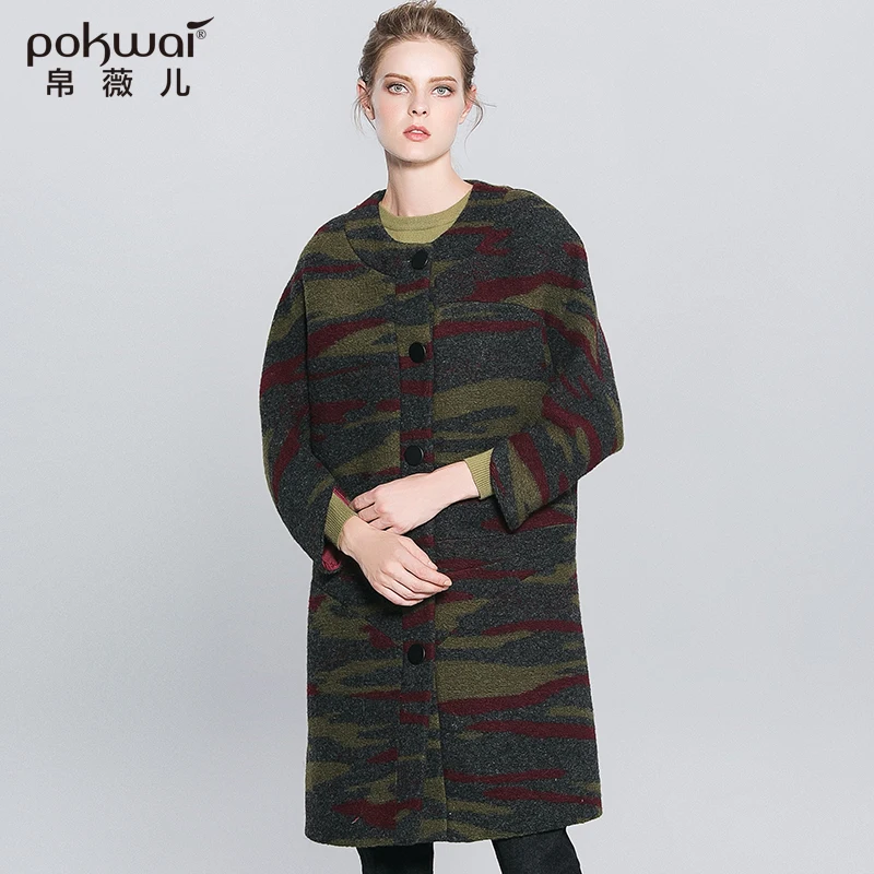 Пальто женское зимнее шерстяное в стиле милитари с длинным рукавом и широкой