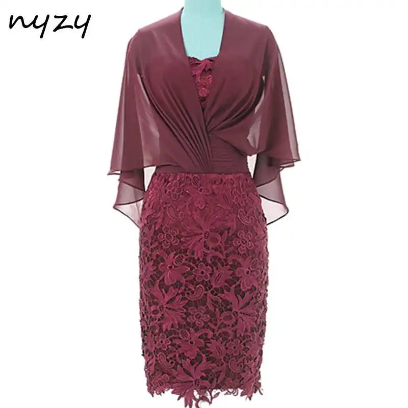 burgundy NYZY M120 элегантное платье-футляр бирюзовое платье для мамы невесты, жениха кружевное короткое официальное платье с рукавами-крылышками свадебное платье для гостей - Цвет: burgundy