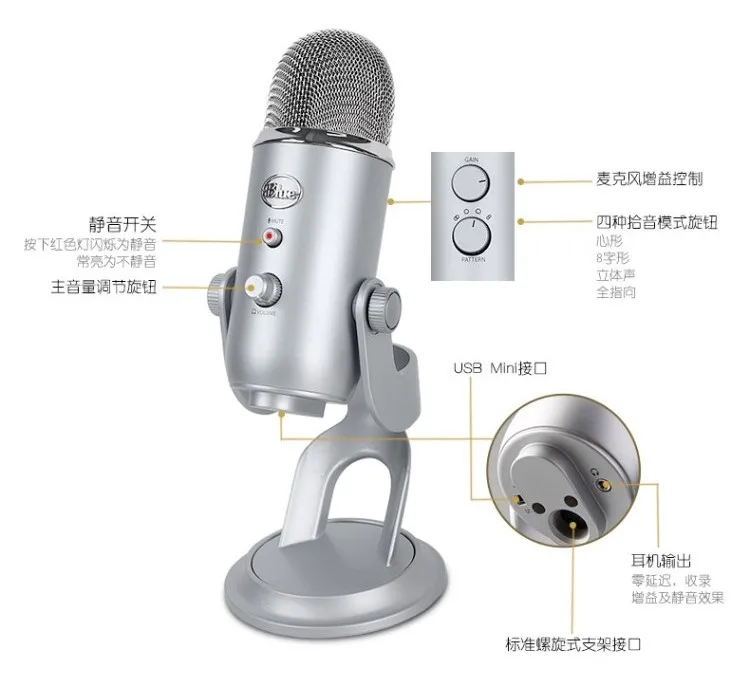 Синий USB конденсаторный микрофон Yeti для прямого вещания и записи звука с внутренней звуковой картой Plug and play