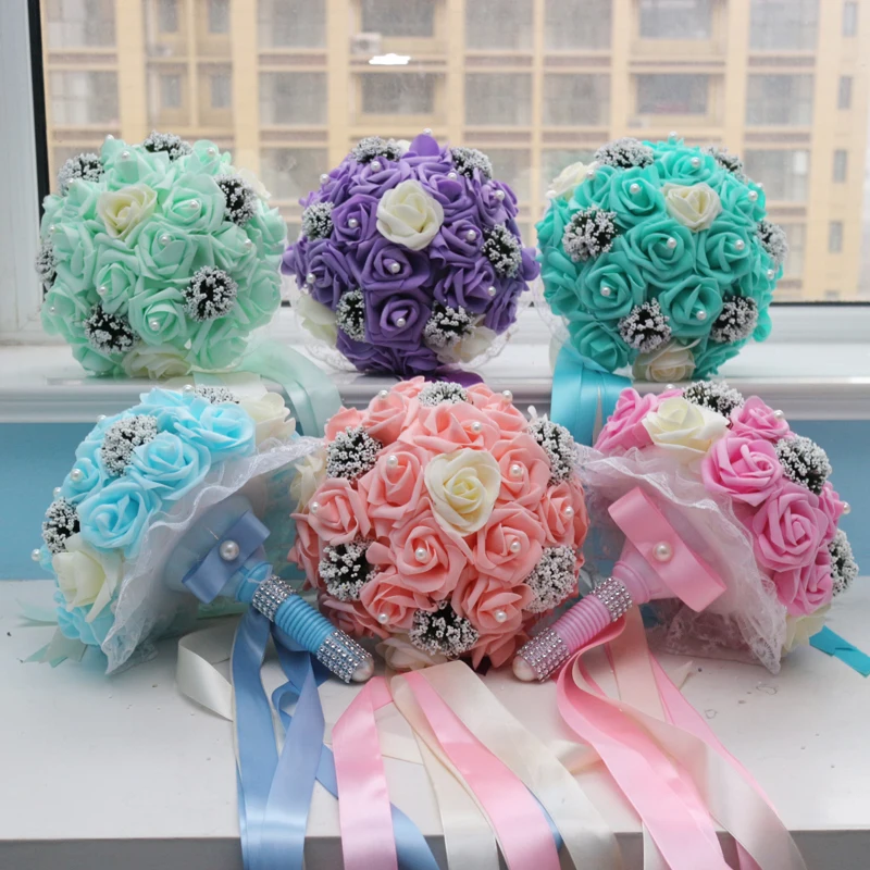 

Hot saling Romantic Artificial PE Foam Champagne Rose Wedding Bouquets Bridal Hand Flowers Bouquets Bridal Accessories Bouquets