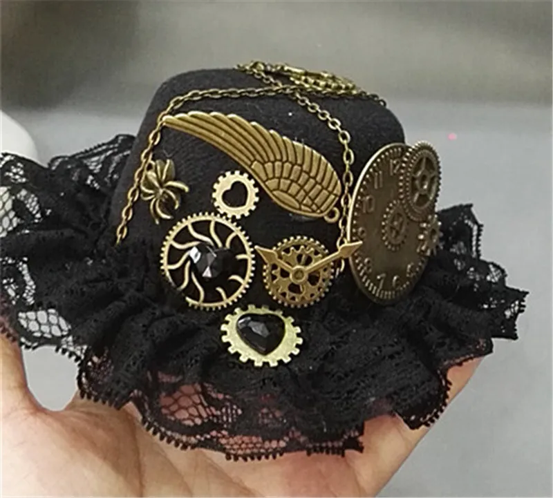 mini hat Женская Лолита косплей Маленькая шляпа шпилька стимпанк мини шляпа винтажная Готическая Шестерня крылья кружева головной убор шляпа - Цвет: mini hat